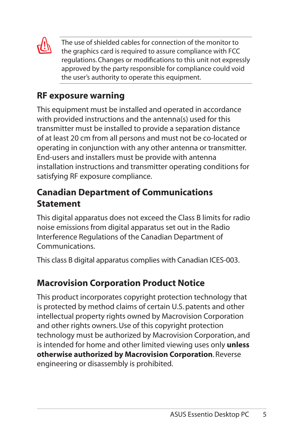 Canadian department of communications statement, Macrovision corporation product notice, Rf exposure warning | Asus CM5570 User Manual | Page 5 / 18