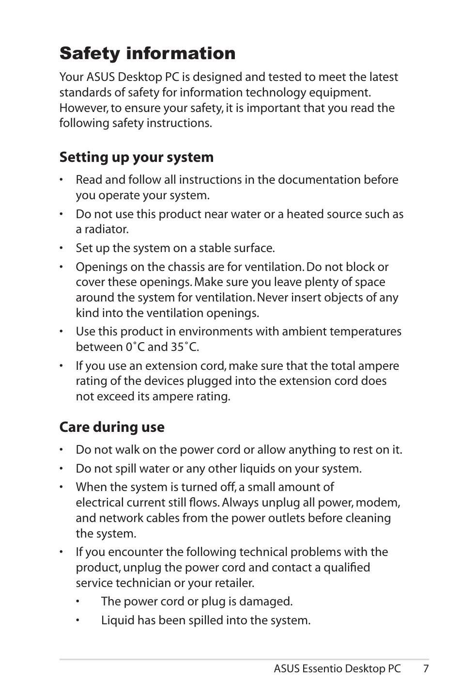 Safety information, Setting up your system, Care during use | Asus CM5570 User Manual | Page 7 / 18