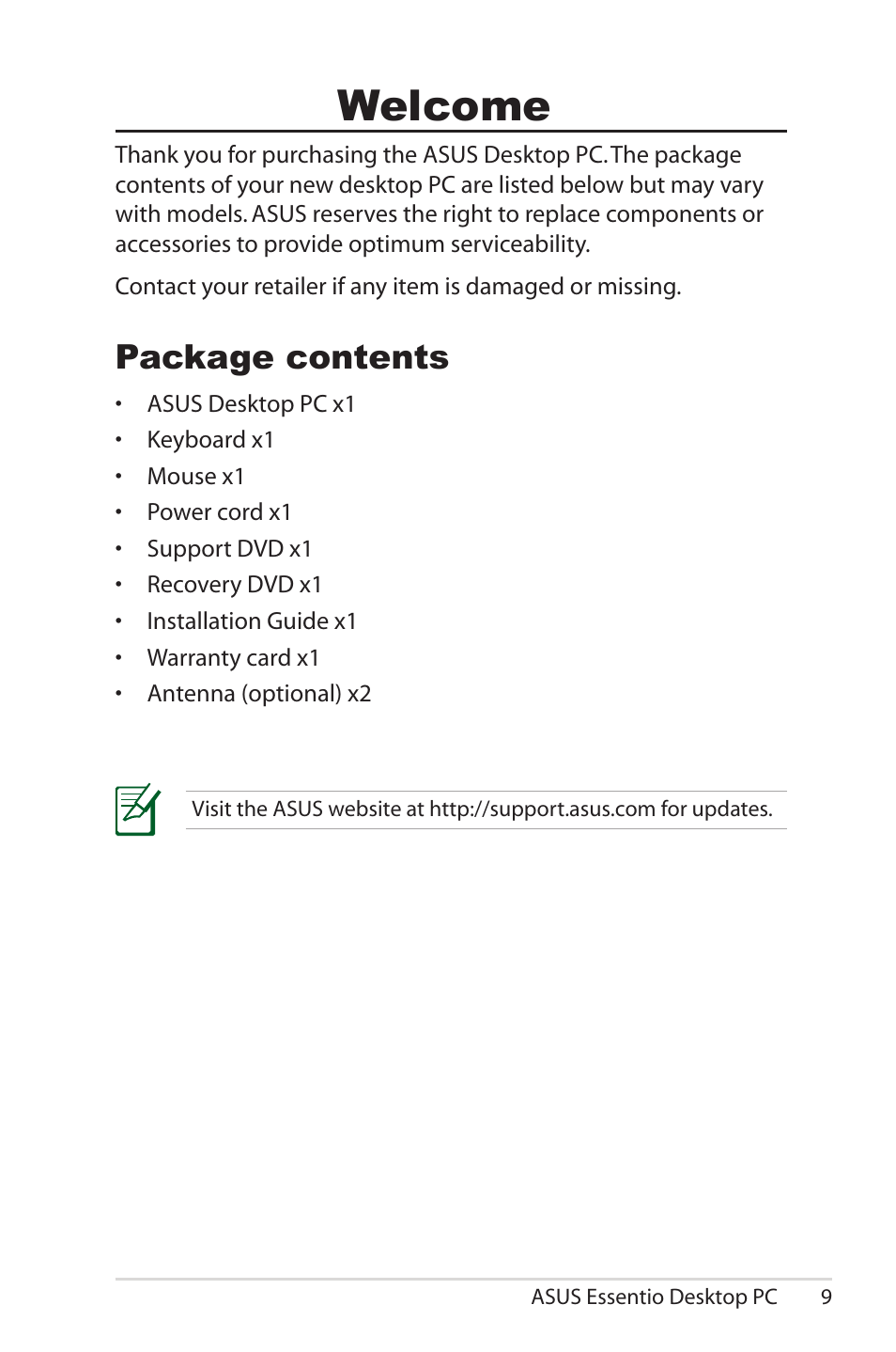 Welcome, Package contents | Asus CM5570 User Manual | Page 9 / 18