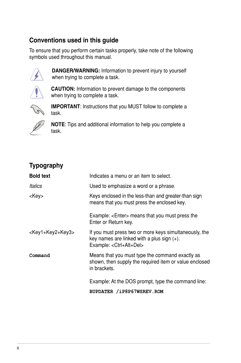 Conventions used in this guide, Typography | Asus P8P67 WS Revolution User Manual | Page 10 / 160