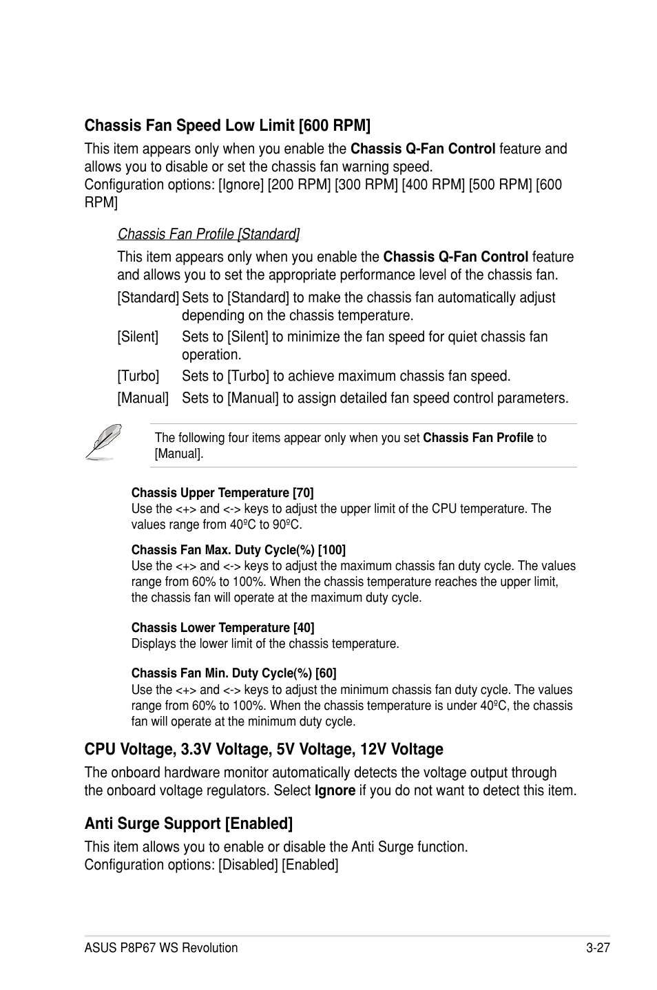 Chassis fan speed low limit [600 rpm, Anti surge support [enabled | Asus P8P67 WS Revolution User Manual | Page 101 / 160