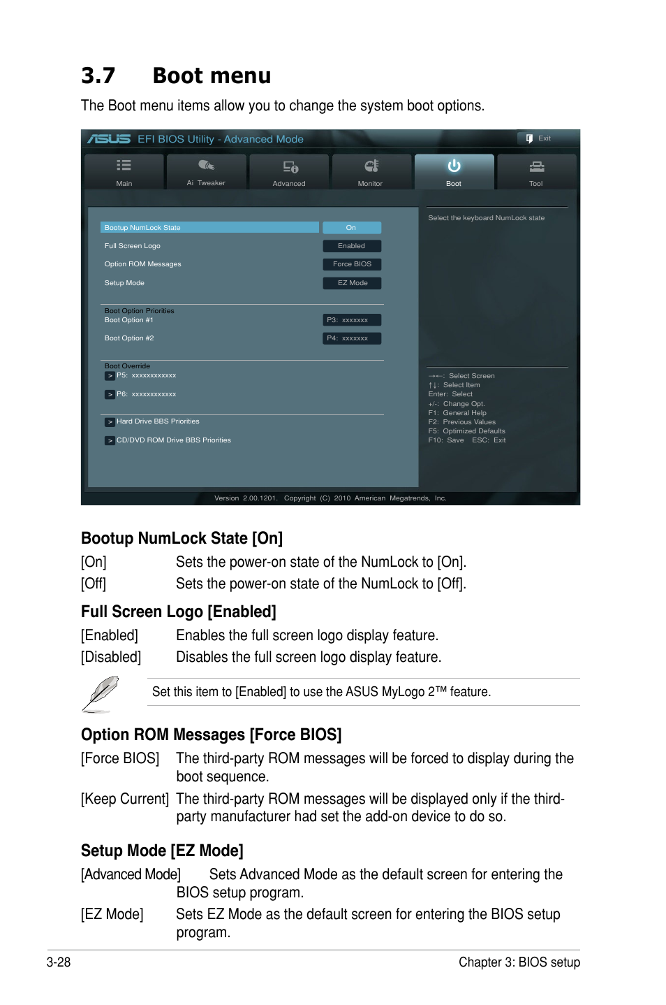 7 boot menu, Bootup numlock state [on, Full screen logo [enabled | Option rom messages [force bios, Setup mode [ez mode, 28 chapter 3: bios setup | Asus P8P67 WS Revolution User Manual | Page 102 / 160