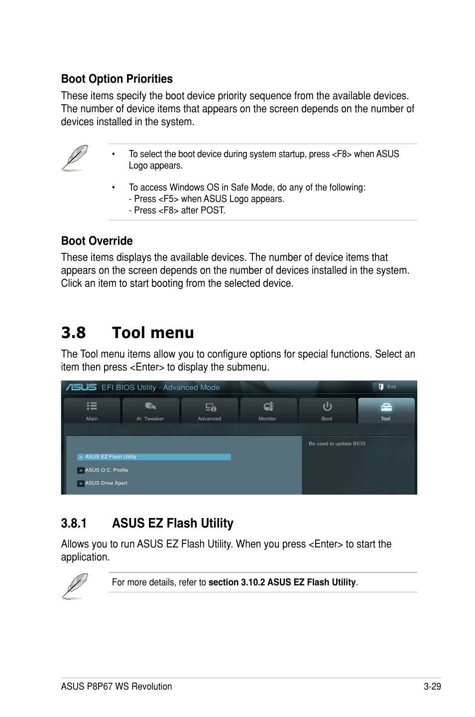 8 tool menu, 1 asus ez flash utility, Boot option priorities | Boot override | Asus P8P67 WS Revolution User Manual | Page 103 / 160