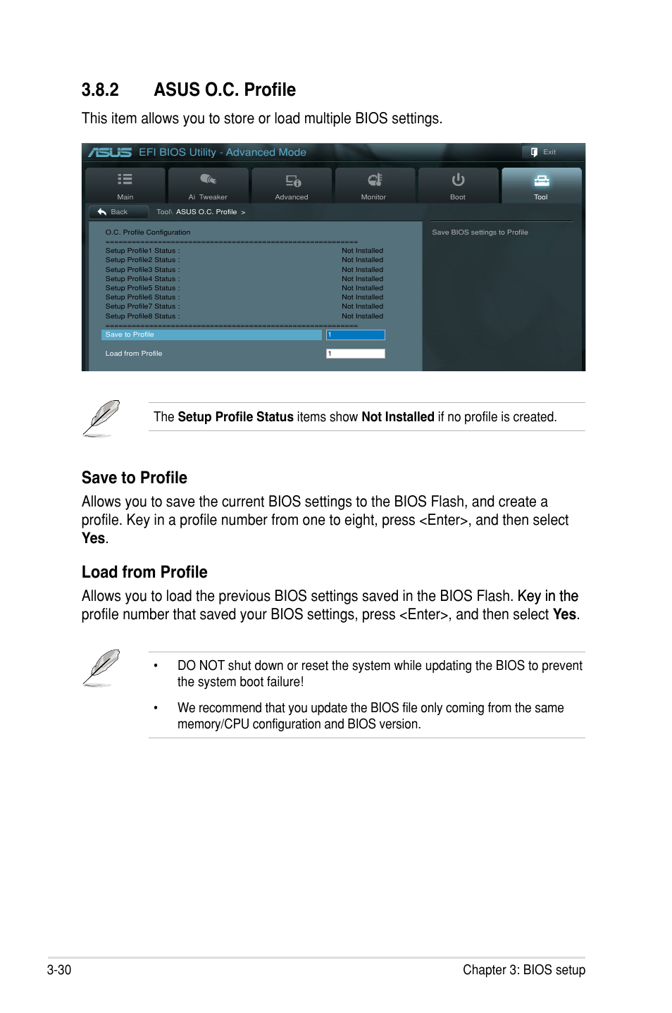 2 asus o.c. profile, Save to profile, Load from profile | 30 chapter 3: bios setup | Asus P8P67 WS Revolution User Manual | Page 104 / 160