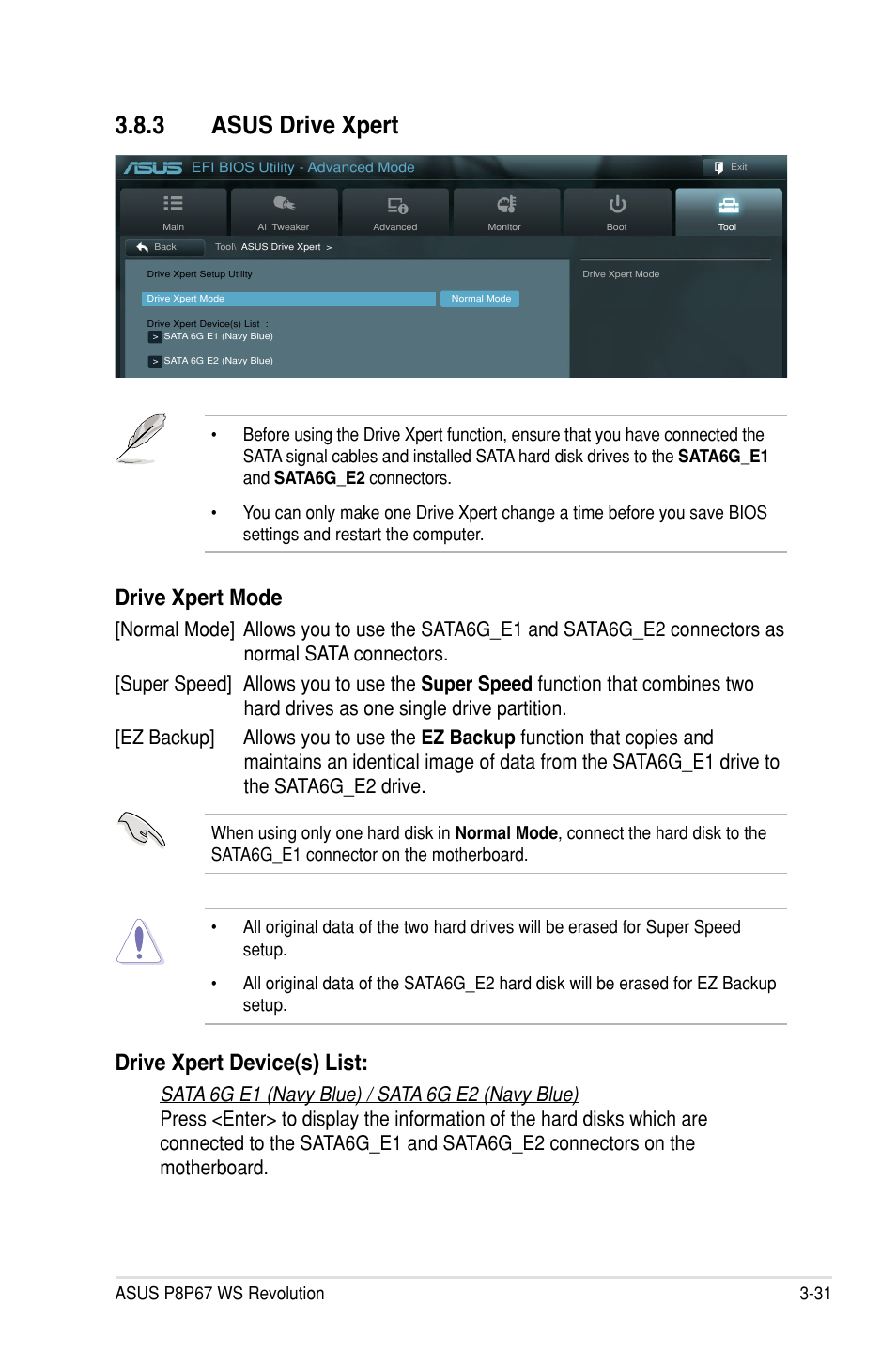 3 asus drive xpert, Drive xpert mode, Drive xpert device(s) list | Asus P8P67 WS Revolution User Manual | Page 105 / 160