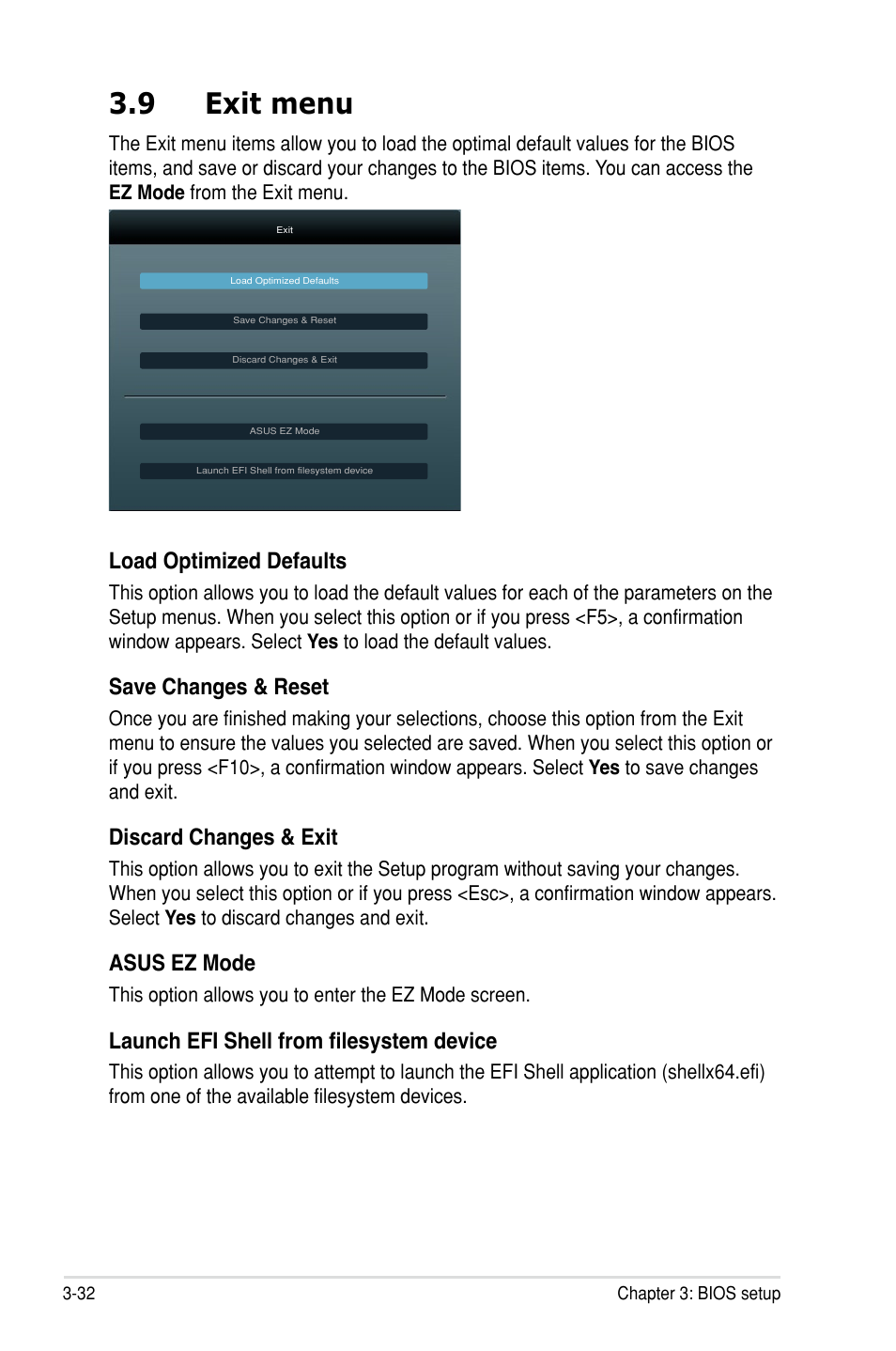 9 exit menu, Load optimized defaults, Save changes & reset | Discard changes & exit, Asus ez mode, Launch efi shell from filesystem device | Asus P8P67 WS Revolution User Manual | Page 106 / 160