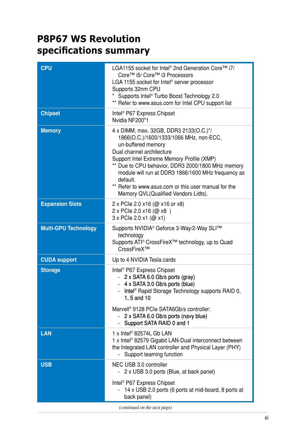 P8p67 ws revolutionspecifications summary, P8p67 ws revolution specifications summary | Asus P8P67 WS Revolution User Manual | Page 11 / 160