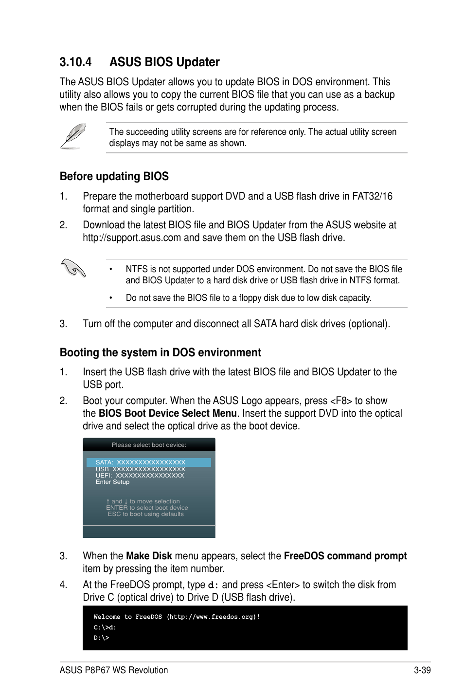 4 asus bios updater, Booting the system in dos environment, Before updating bios | Asus P8P67 WS Revolution User Manual | Page 113 / 160