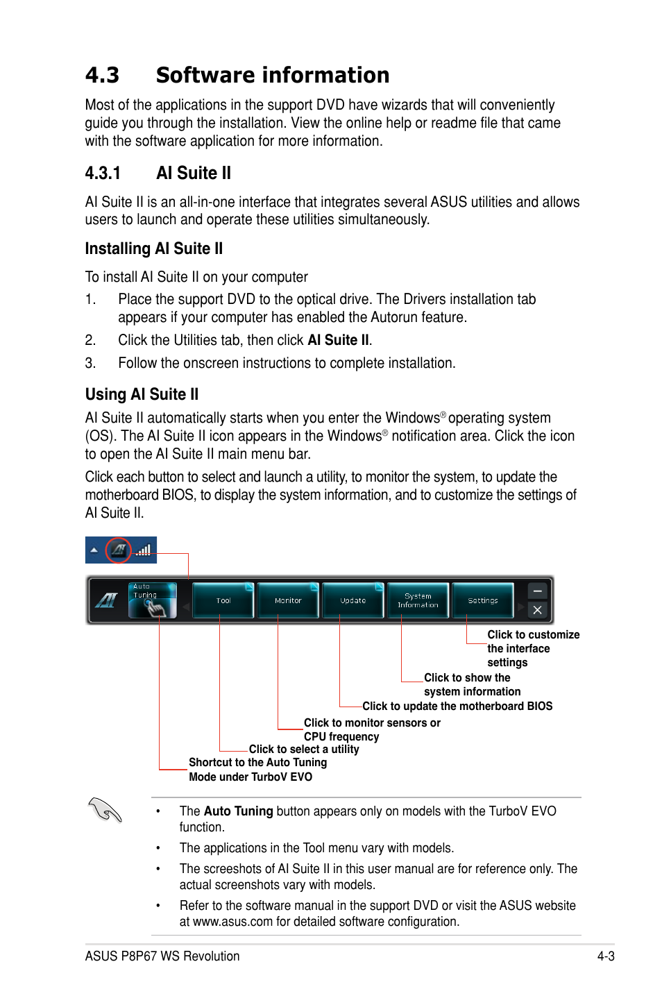 3 software information, 1 ai suite ii, Installing ai suite ii | Using ai suite ii | Asus P8P67 WS Revolution User Manual | Page 121 / 160