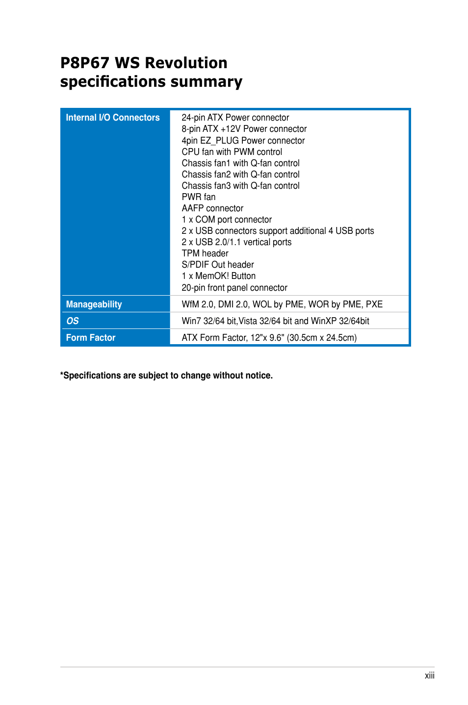 P8p67 ws revolution specifications summary | Asus P8P67 WS Revolution User Manual | Page 13 / 160