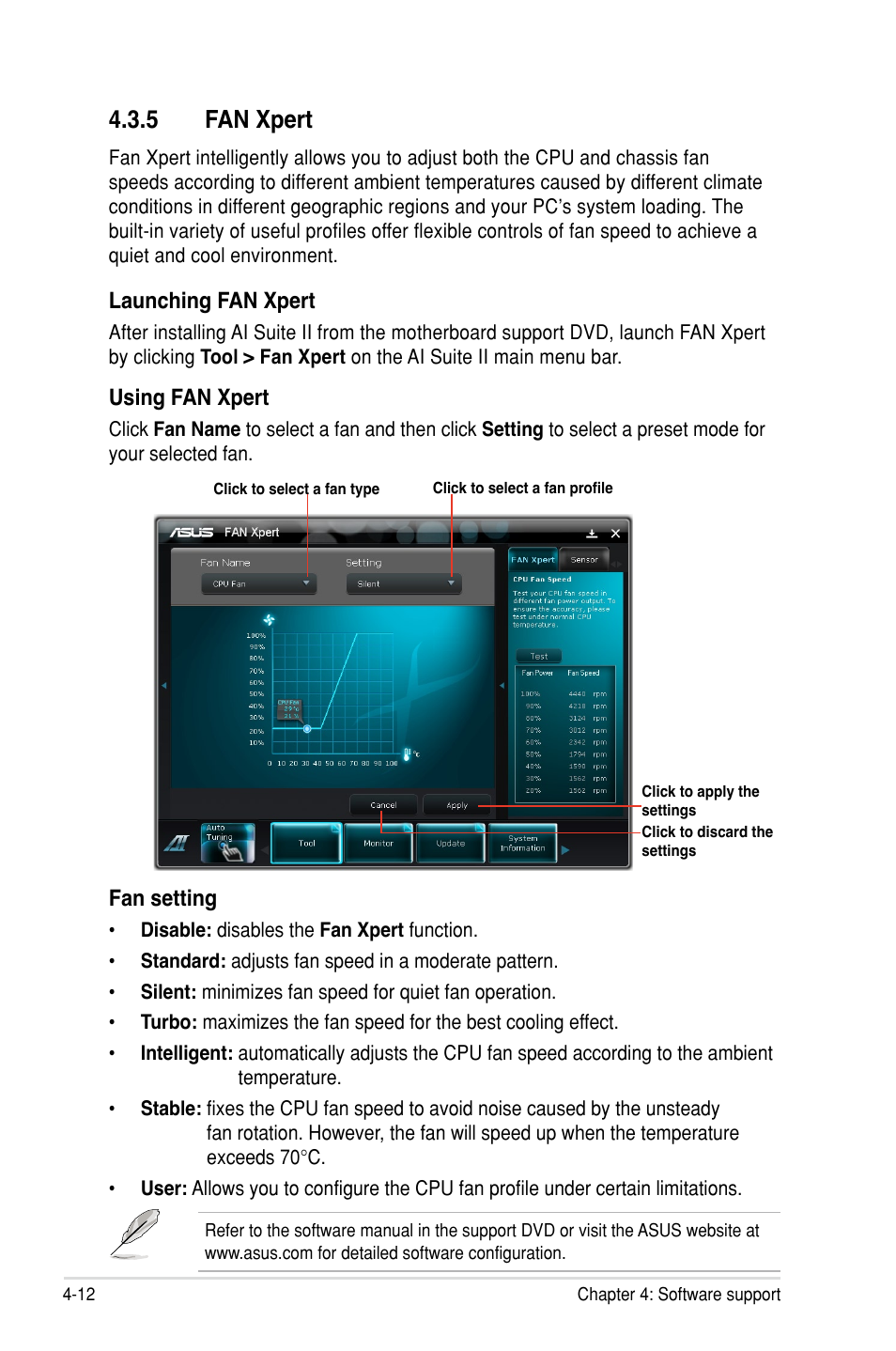 5 fan xpert, Launching fan xpert, Fan setting | Using fan xpert | Asus P8P67 WS Revolution User Manual | Page 130 / 160