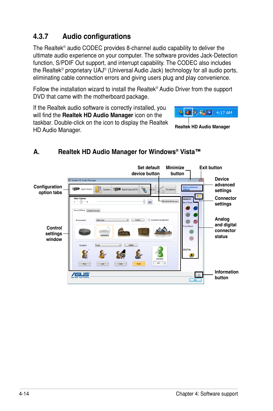 �.7 audio configurations, A. realtek hd audio manager for windows, Vista | Asus P8P67 WS Revolution User Manual | Page 132 / 160