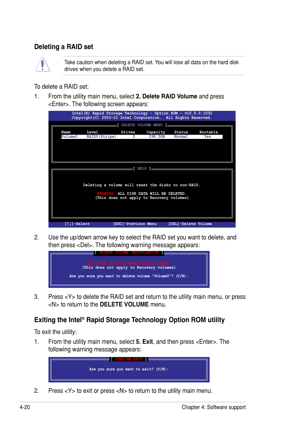 Deleting a raid set, Exiting the intel, Rapid storage technology option rom utility | Asus P8P67 WS Revolution User Manual | Page 138 / 160