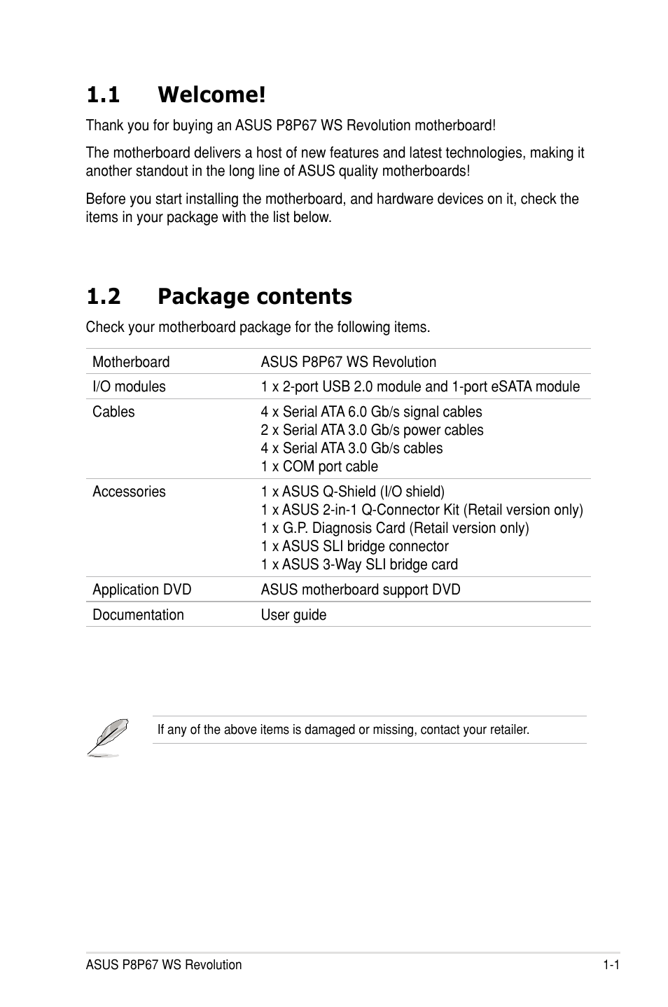 1 welcome, 2 package contents | Asus P8P67 WS Revolution User Manual | Page 17 / 160