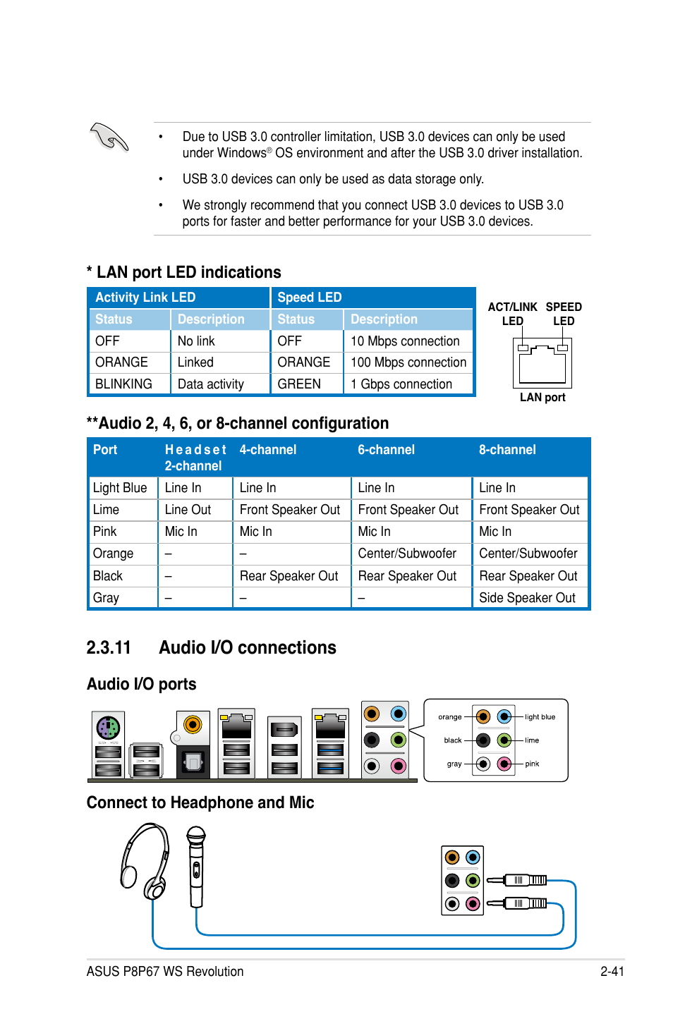 11 audio i/o connections, Audio 2, 4, 6, or 8�channel configuration, Lan port led indications | Audio i/o ports connect to headphone and mic | Asus P8P67 WS Revolution User Manual | Page 67 / 160