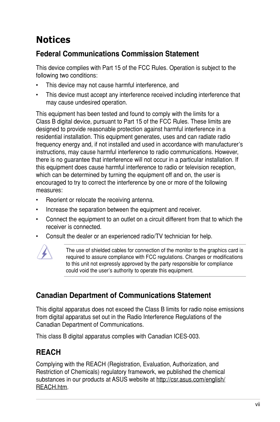 Notices, Federal communications commission statement, Canadian department of communications statement | Reach | Asus P8P67 WS Revolution User Manual | Page 7 / 160