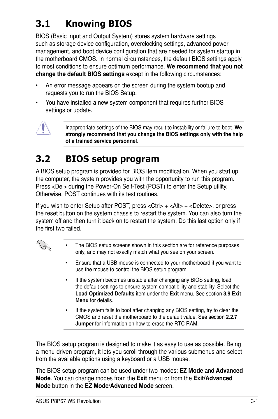 1 knowing bios, 2 bios setup program | Asus P8P67 WS Revolution User Manual | Page 75 / 160