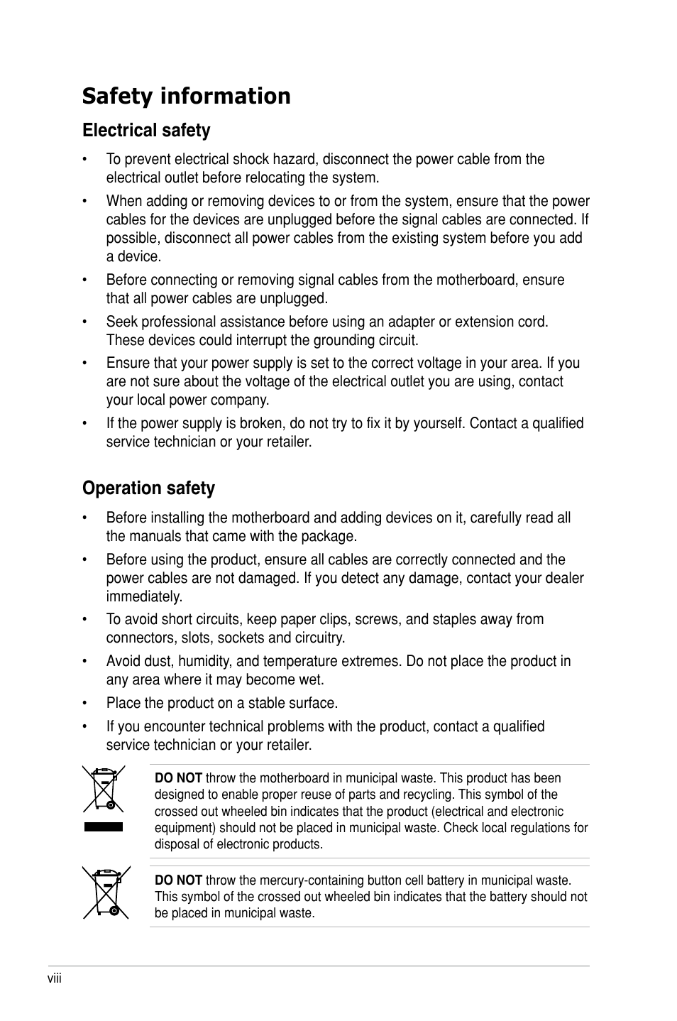 Safety information, Electrical safety, Operation safety | Asus P8P67 WS Revolution User Manual | Page 8 / 160