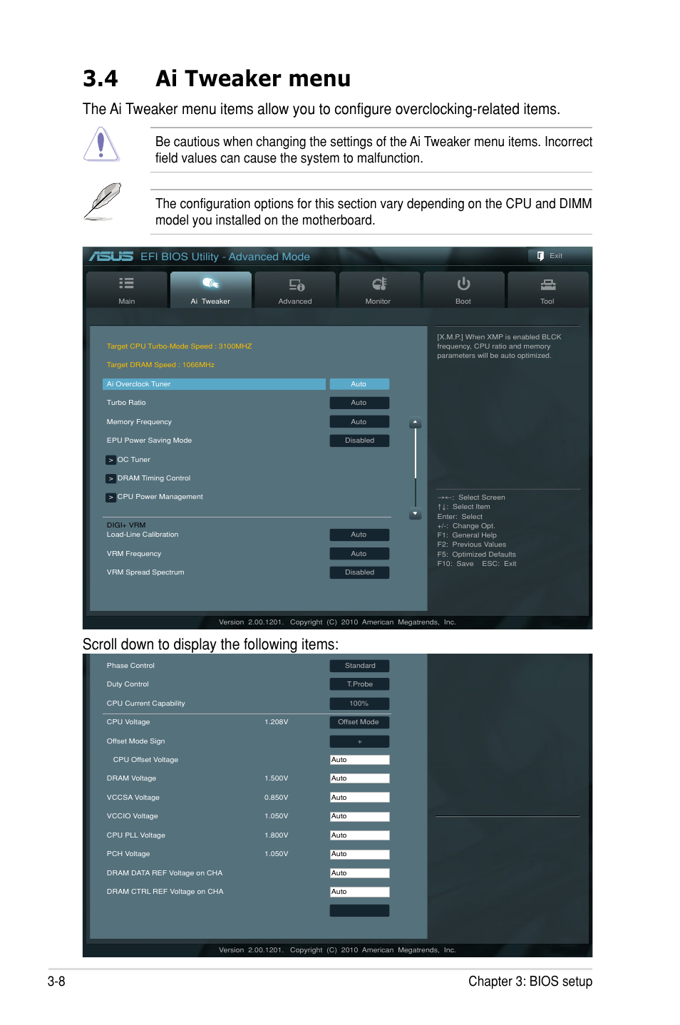 4 ai tweaker menu, Scroll down to display the following items, 8 chapter 3: bios setup | Efi bios utility - advanced mode | Asus P8P67 WS Revolution User Manual | Page 82 / 160