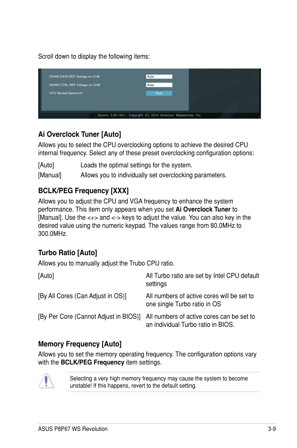 Ai overclock tuner [auto, Bclk/peg frequency [xxx, Turbo ratio [auto | Asus P8P67 WS Revolution User Manual | Page 83 / 160