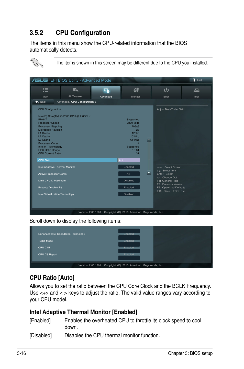2 cpu configuration, Cpu ratio [auto, Intel adaptive thermal monitor [enabled | Scroll down to display the following items, 16 chapter 3: bios setup | Asus P8P67 WS Revolution User Manual | Page 90 / 160