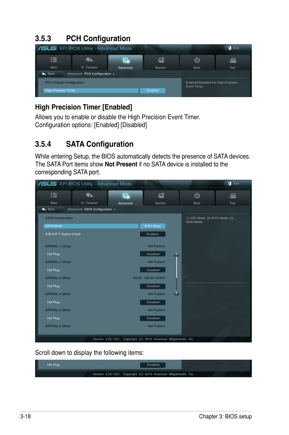 � pc� configuration, 4 sata configuration, High precision timer [enabled | Scroll down to display the following items, 18 chapter 3: bios setup | Asus P8P67 WS Revolution User Manual | Page 92 / 160