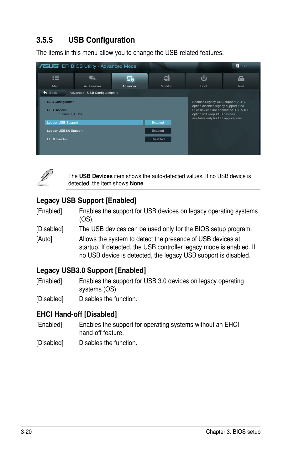 5 usb configuration, Legacy usb support [enabled, Legacy usb3.0 support [enabled | Ehci hand-off [disabled | Asus P8P67 WS Revolution User Manual | Page 94 / 160