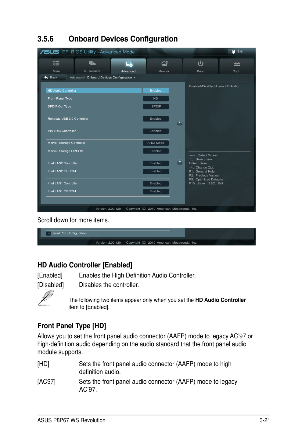 6 onboard devices configuration, Hd audio controller [enabled, Front panel type [hd | Scroll down for more items | Asus P8P67 WS Revolution User Manual | Page 95 / 160