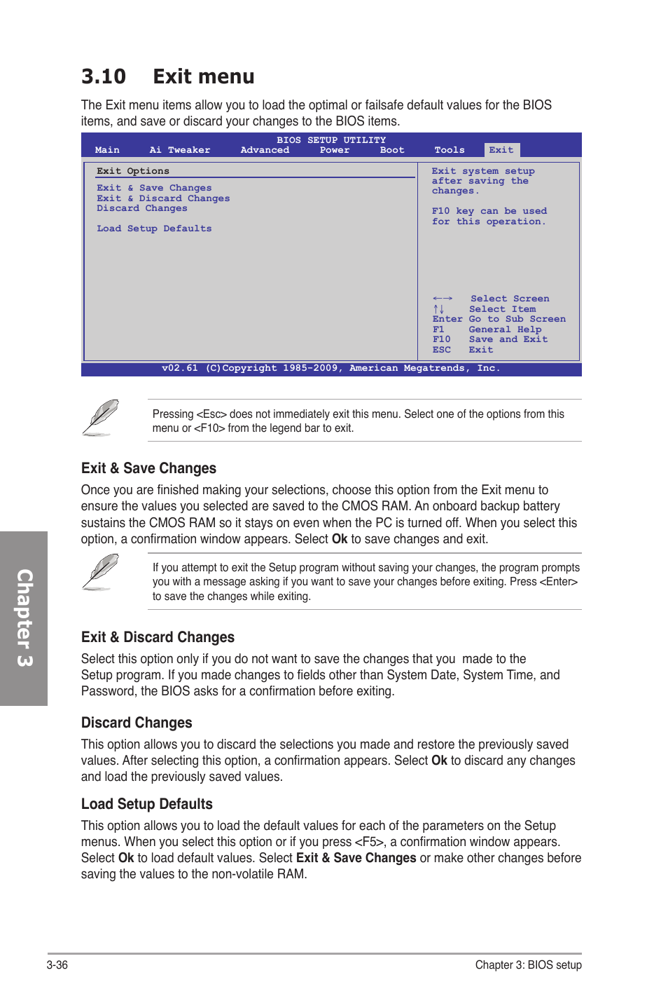 10 exit menu, Exit menu -36, Chapter 3 3.10 exit menu | Exit & save changes, Exit & discard changes, Discard changes, Load setup defaults | Asus P7P55D Premium User Manual | Page 100 / 128