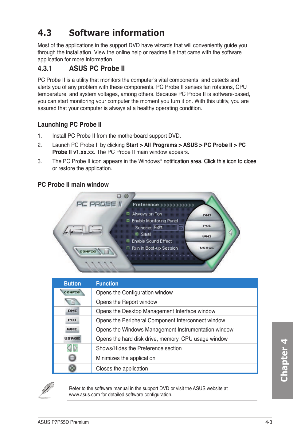 3 software information, 1 asus pc probe ii, Software information -3 4.3.1 | Asus pc probe ii -3, Chapter 4 4.3 software information | Asus P7P55D Premium User Manual | Page 103 / 128