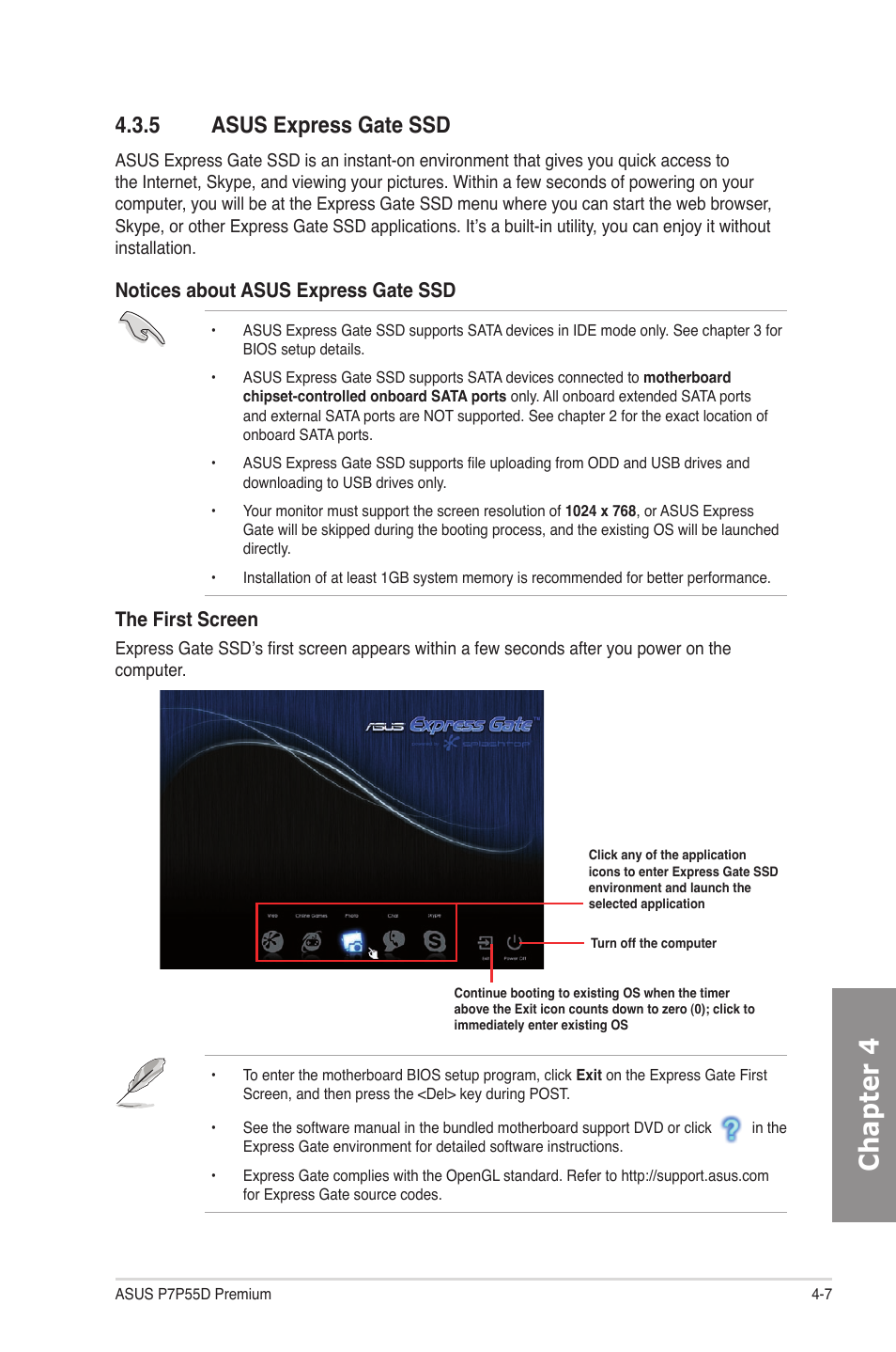 5 asus express gate ssd, Asus express gate ssd -7, Chapter 4 | Notices about asus express gate ssd, The first screen | Asus P7P55D Premium User Manual | Page 107 / 128