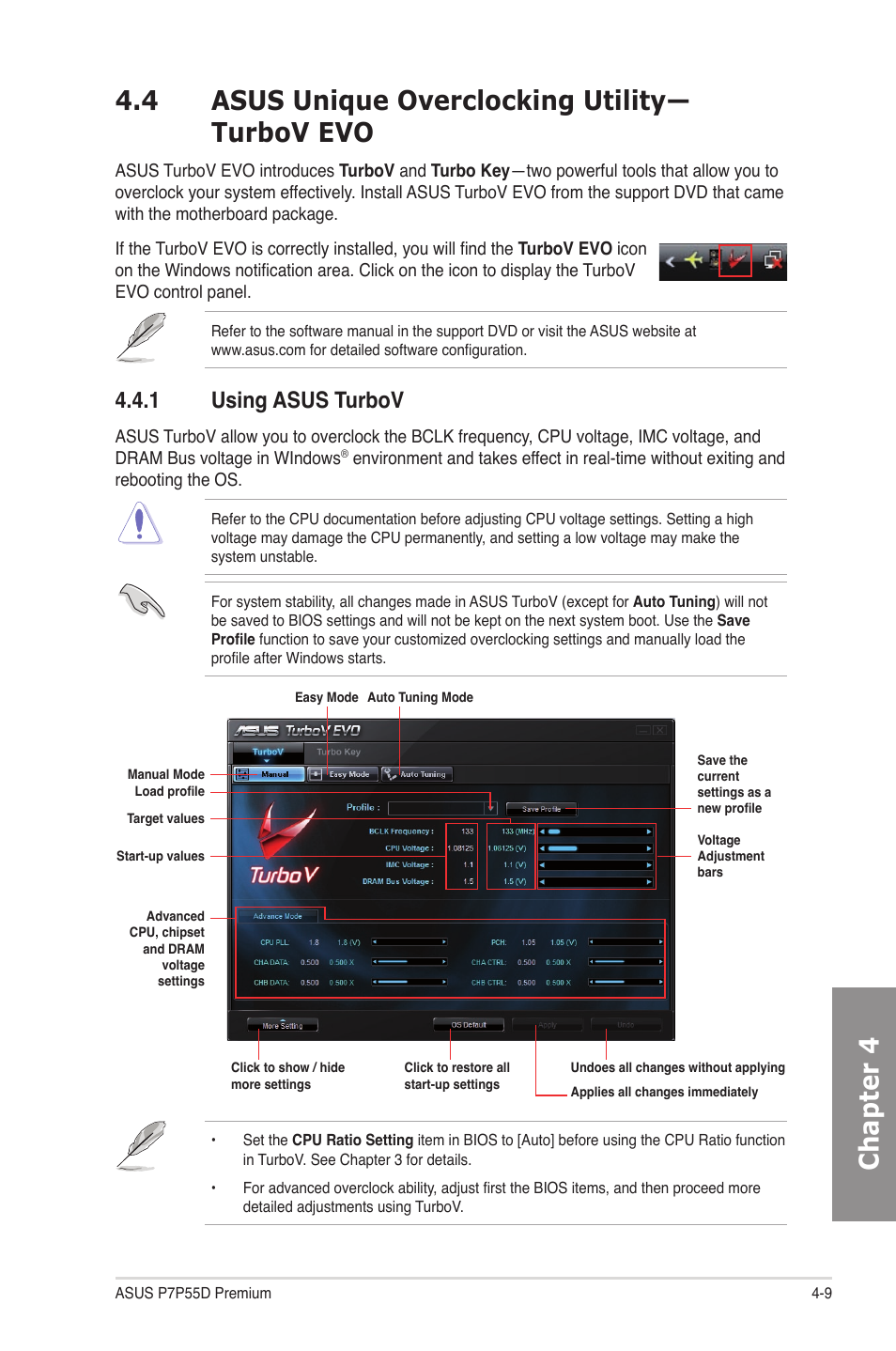 4 asus unique overclocking utility— turbov evo, 1 using asus turbov, Using asus turbov -9 | Asus P7P55D Premium User Manual | Page 109 / 128