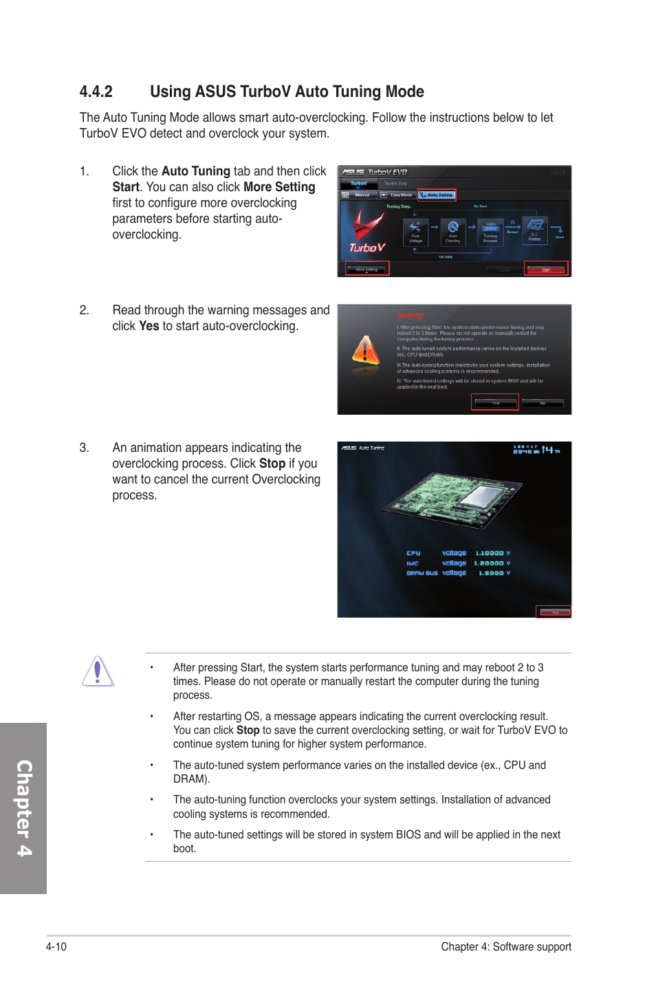 2 using asus turbov auto tuning mode, Using asus turbov auto tuning mode -10, Chapter 4 | Asus P7P55D Premium User Manual | Page 110 / 128