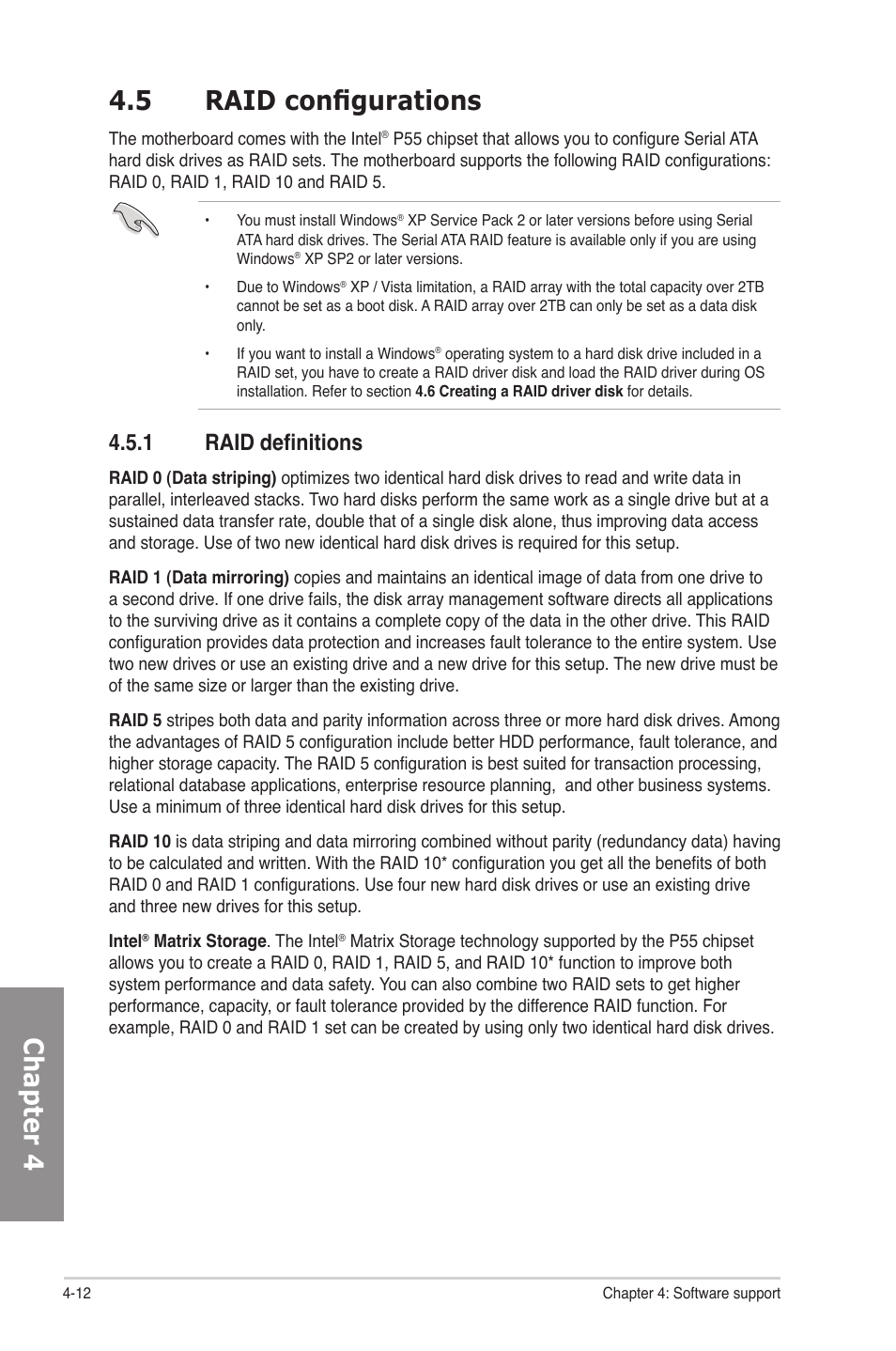 5 raid configurations, 1 raid definitions, Raid configurations -12 4.5.1 | Raid definitions -12, Chapter 4 4.5 raid configurations | Asus P7P55D Premium User Manual | Page 112 / 128