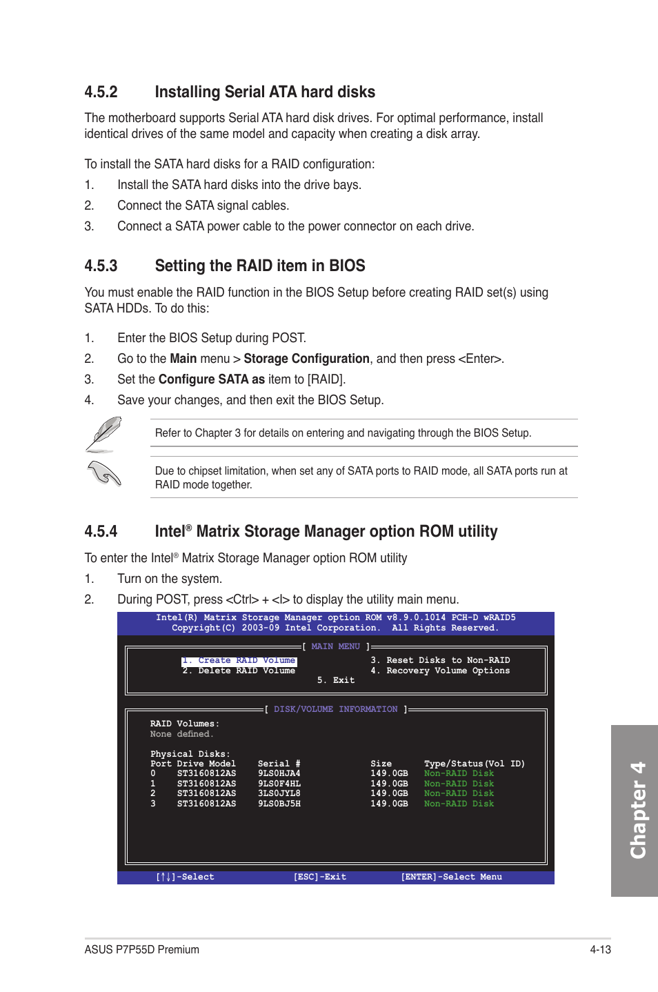 2 installing serial ata hard disks, 3 setting the raid item in bios, 4 intel® matrix storage manager option rom utility | Installing serial ata hard disks -13, Setting the raid item in bios -13, Intel, Matrix storage manager option rom utility -13, Chapter 4, 4 intel, Matrix storage manager option rom utility | Asus P7P55D Premium User Manual | Page 113 / 128