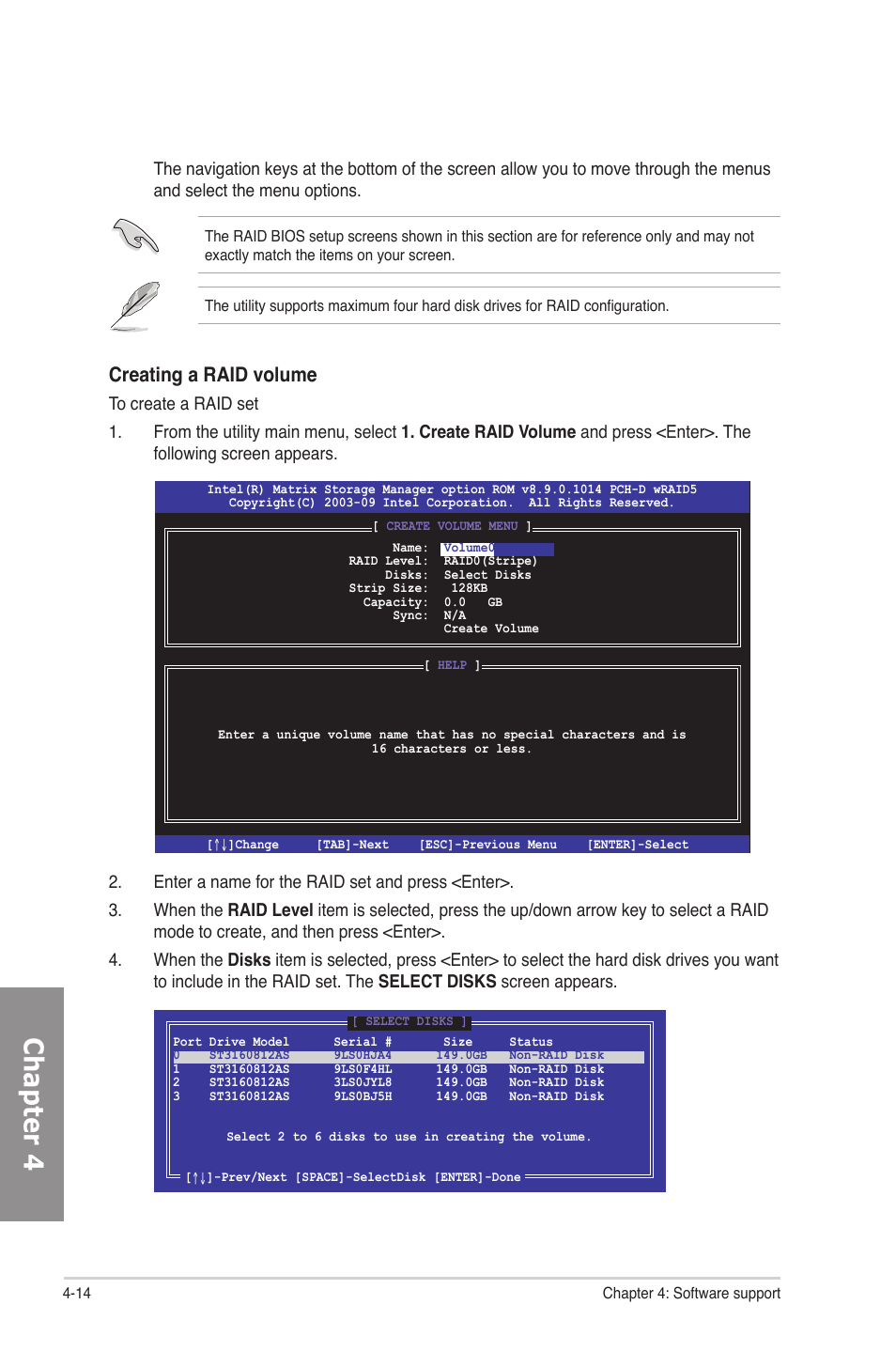 Chapter 4, Creating a raid volume | Asus P7P55D Premium User Manual | Page 114 / 128