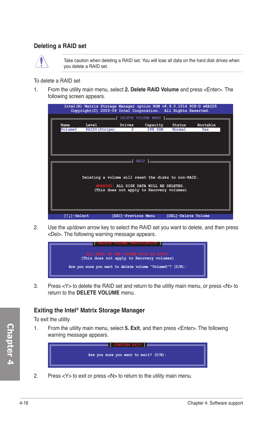 Chapter 4, Deleting a raid set, Exiting the intel | Matrix storage manager | Asus P7P55D Premium User Manual | Page 116 / 128