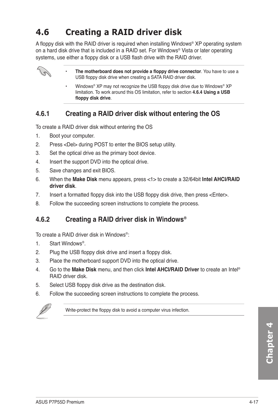 6 creating a raid driver disk, 2 creating a raid driver disk in windows, Creating a raid driver disk -17 4.6.1 | Creating a raid driver disk in windows, Chapter 4 4.6 creating a raid driver disk | Asus P7P55D Premium User Manual | Page 117 / 128