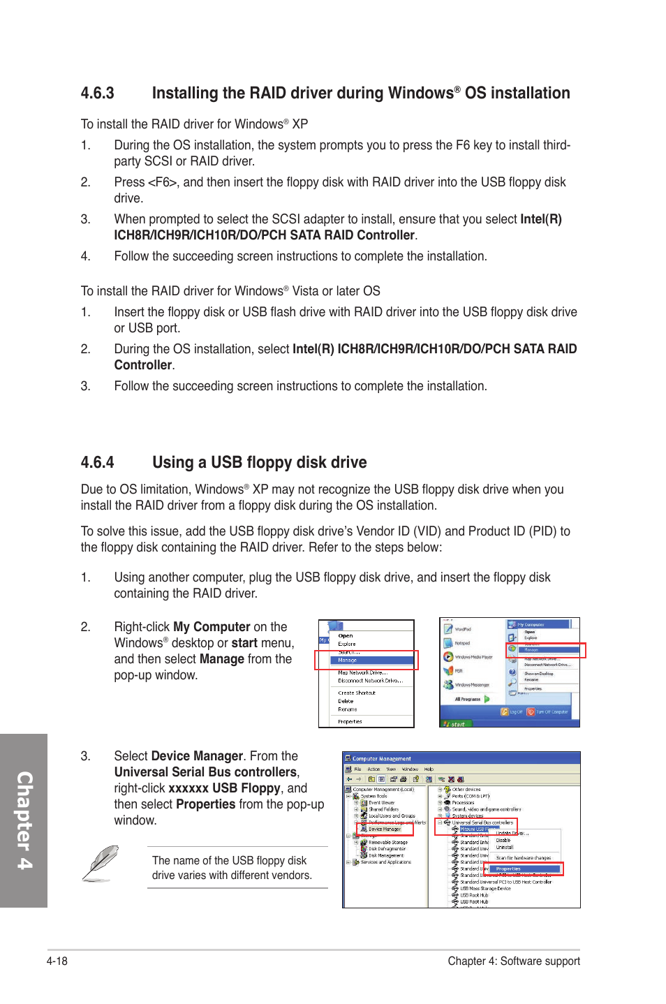 4 using a usb floppy disk drive, Installing the raid driver during windows, Os installation -18 | Using a usb floppy disk drive -18, Chapter 4, 3 installing the raid driver during windows, Os installation | Asus P7P55D Premium User Manual | Page 118 / 128