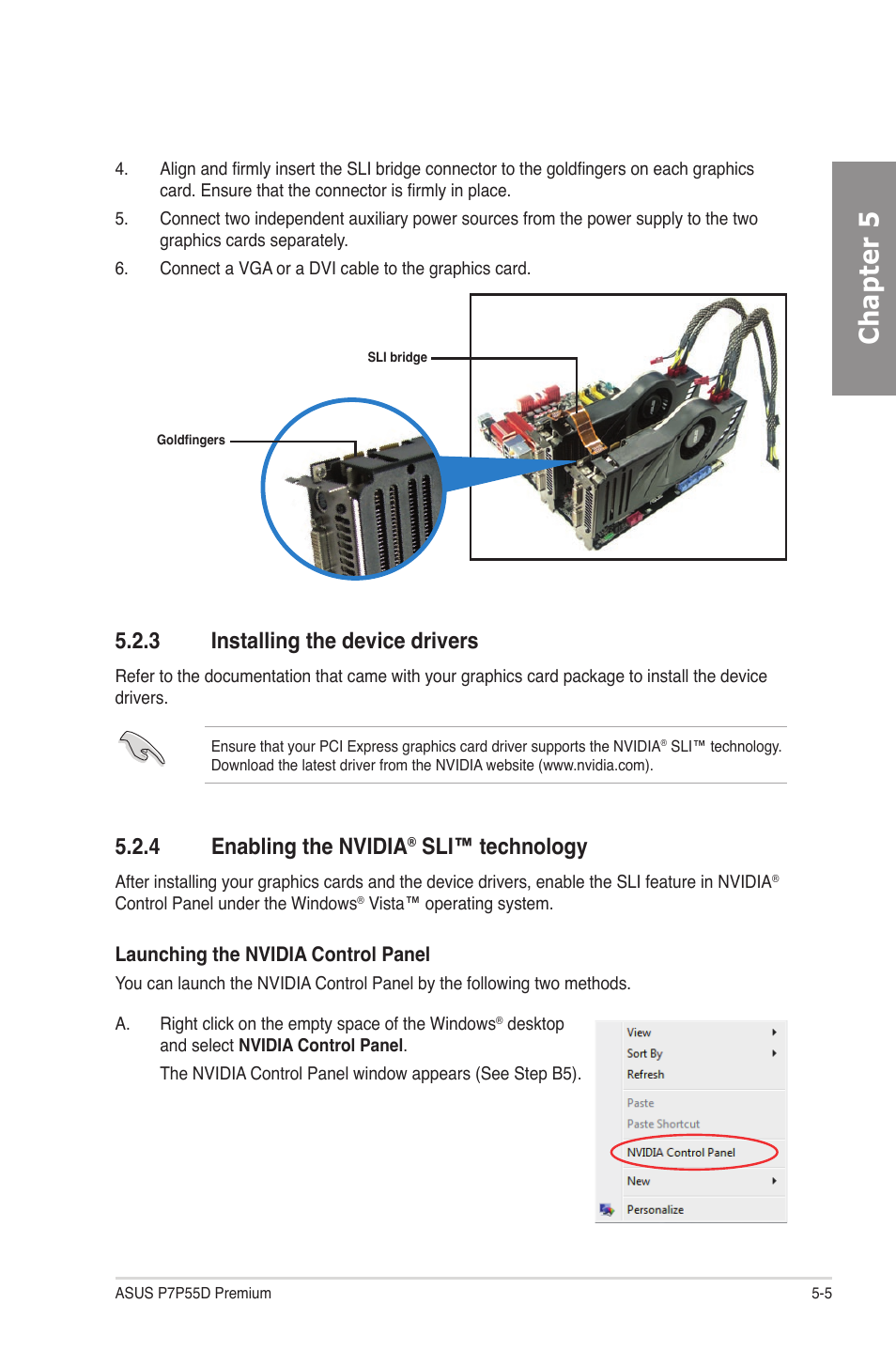 3 installing the device drivers, 4 enabling the nvidia® sli™ technology, Installing the device drivers -5 | Enabling the nvidia, Sli™ technology -5, Chapter 5, 4 enabling the nvidia, Sli™ technology | Asus P7P55D Premium User Manual | Page 125 / 128