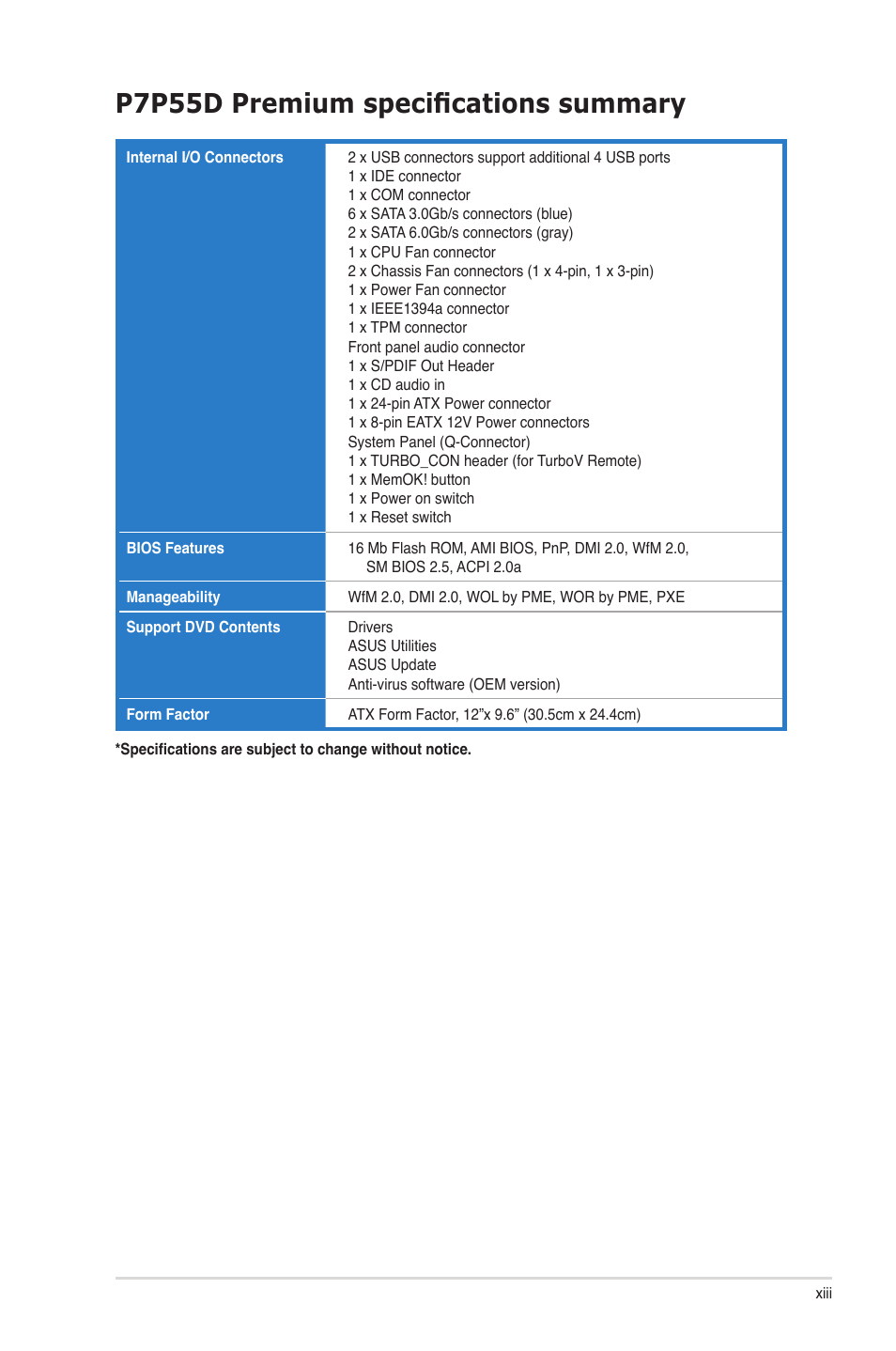 P7p55d premium specifications summary | Asus P7P55D Premium User Manual | Page 13 / 128