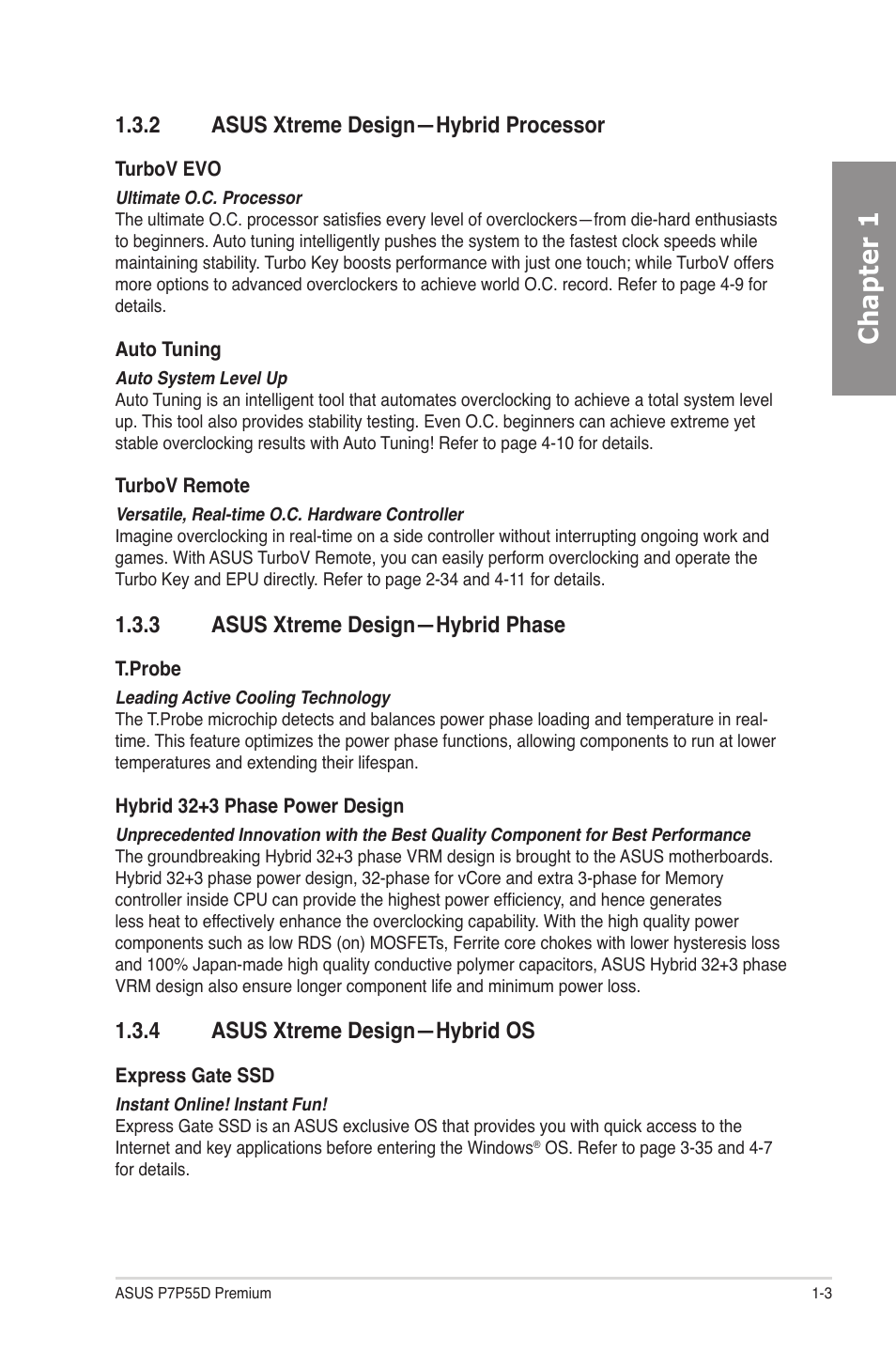 2 asus xtreme design—hybrid processor, 3 asus xtreme design—hybrid phase, 4 asus xtreme design—hybrid os | Asus xtreme design—hybrid processor -3, Asus xtreme design—hybrid phase -3, Asus xtreme design—hybrid os -3, Chapter 1 | Asus P7P55D Premium User Manual | Page 17 / 128