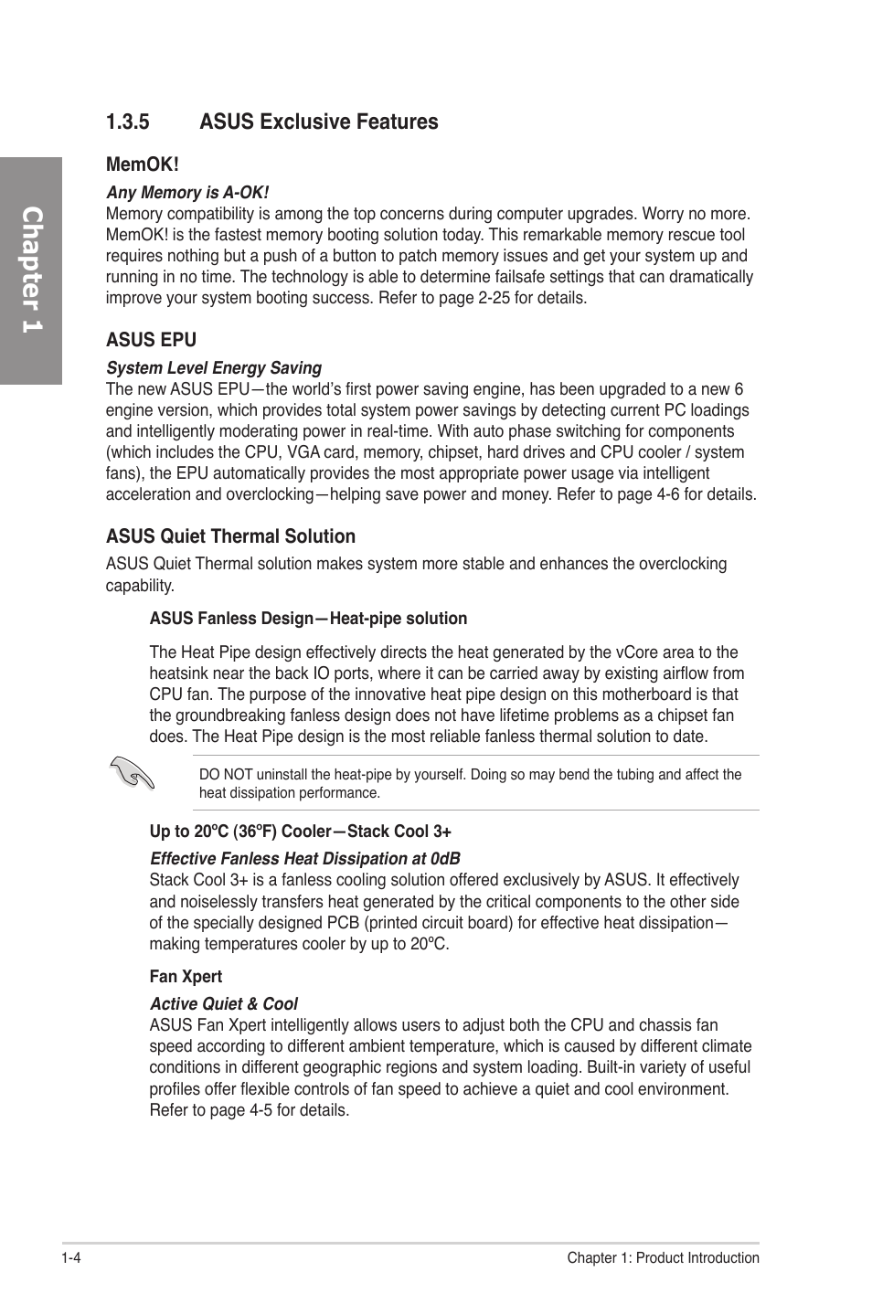 5 asus exclusive features, Asus exclusive features -4, Chapter 1 | Asus P7P55D Premium User Manual | Page 18 / 128