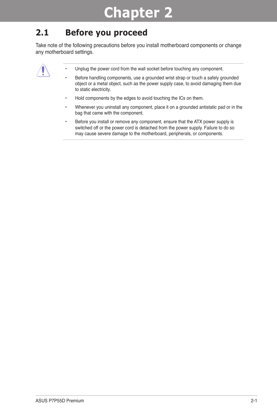 Chapter 2: hardware information, 1 before you proceed, Chapter 2 | Hardware information, Before you proceed -1 | Asus P7P55D Premium User Manual | Page 21 / 128