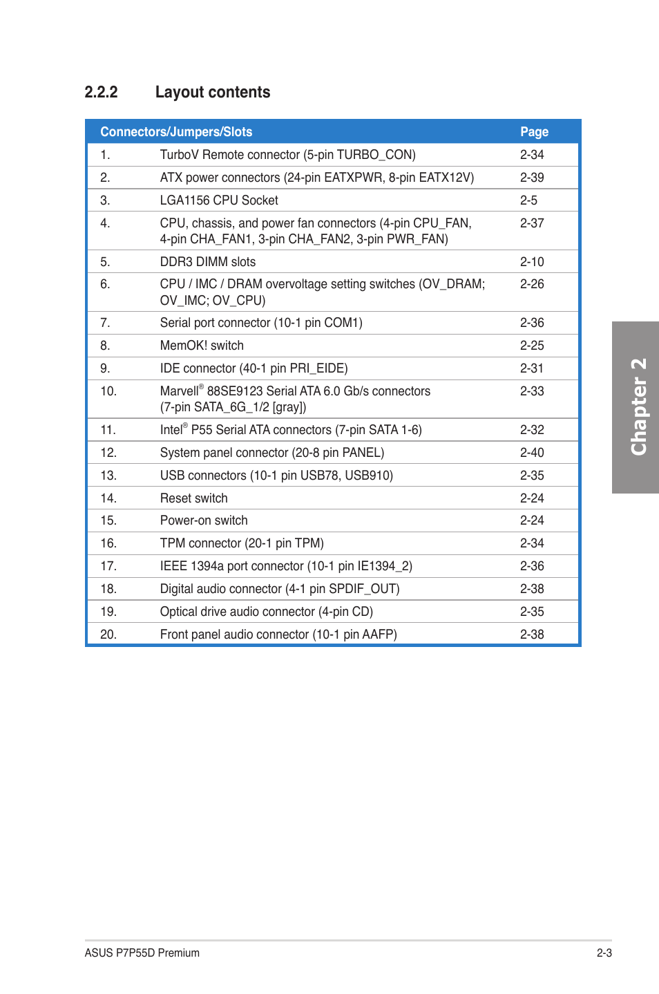 2 layout contents, Layout contents -3, Chapter 2 | Asus P7P55D Premium User Manual | Page 23 / 128