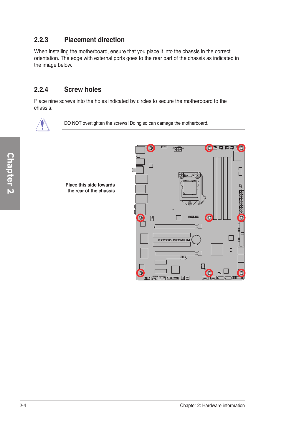 3 placement direction, 4 screw holes, Placement direction -4 | Screw holes -4, Chapter 2 | Asus P7P55D Premium User Manual | Page 24 / 128