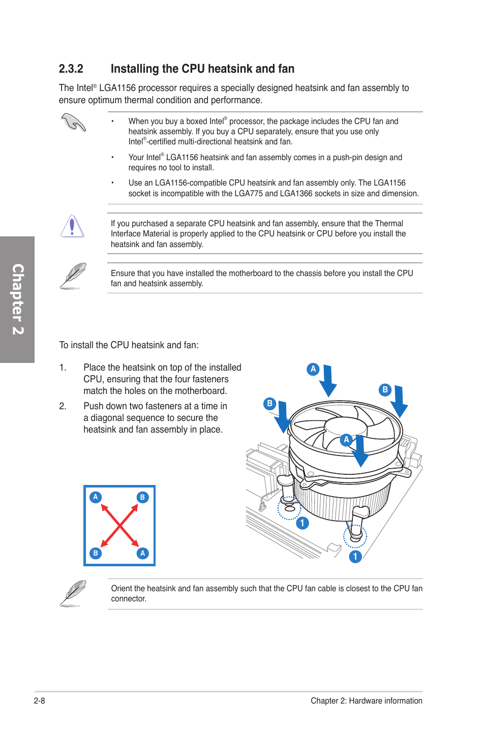 2 installing the cpu heatsink and fan, Installing the cpu heatsink and fan -8, Chapter 2 | Asus P7P55D Premium User Manual | Page 28 / 128