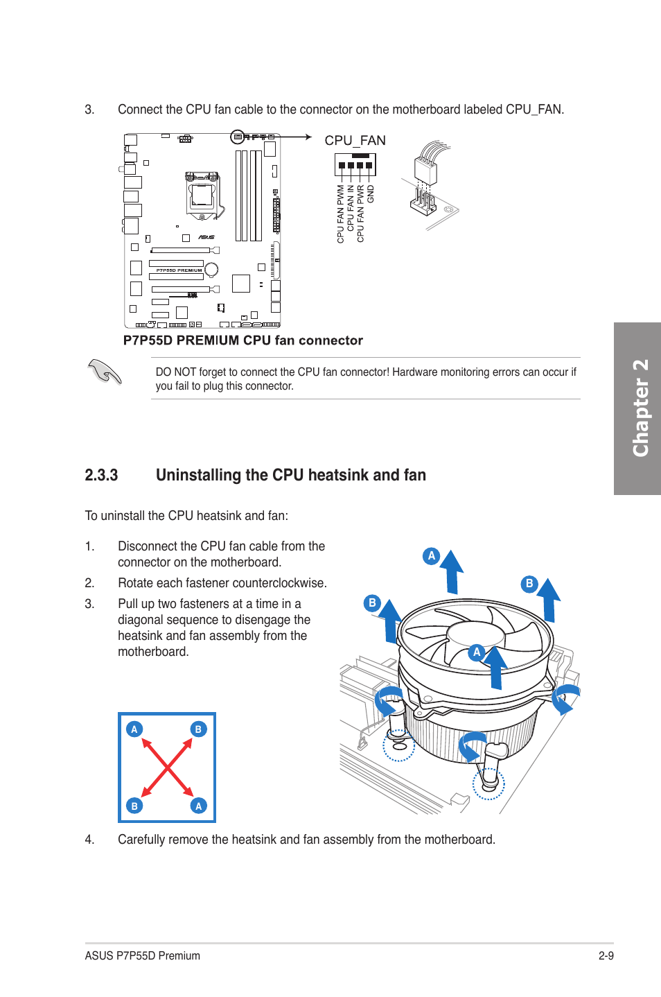 3 uninstalling the cpu heatsink and fan, Uninstalling the cpu heatsink and fan -9, Chapter 2 | Asus P7P55D Premium User Manual | Page 29 / 128