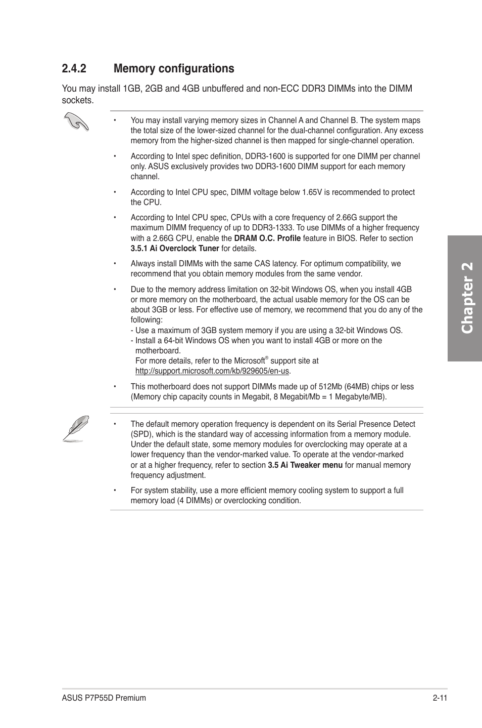 2 memory configurations, Memory configurations -11, Chapter 2 | Asus P7P55D Premium User Manual | Page 31 / 128