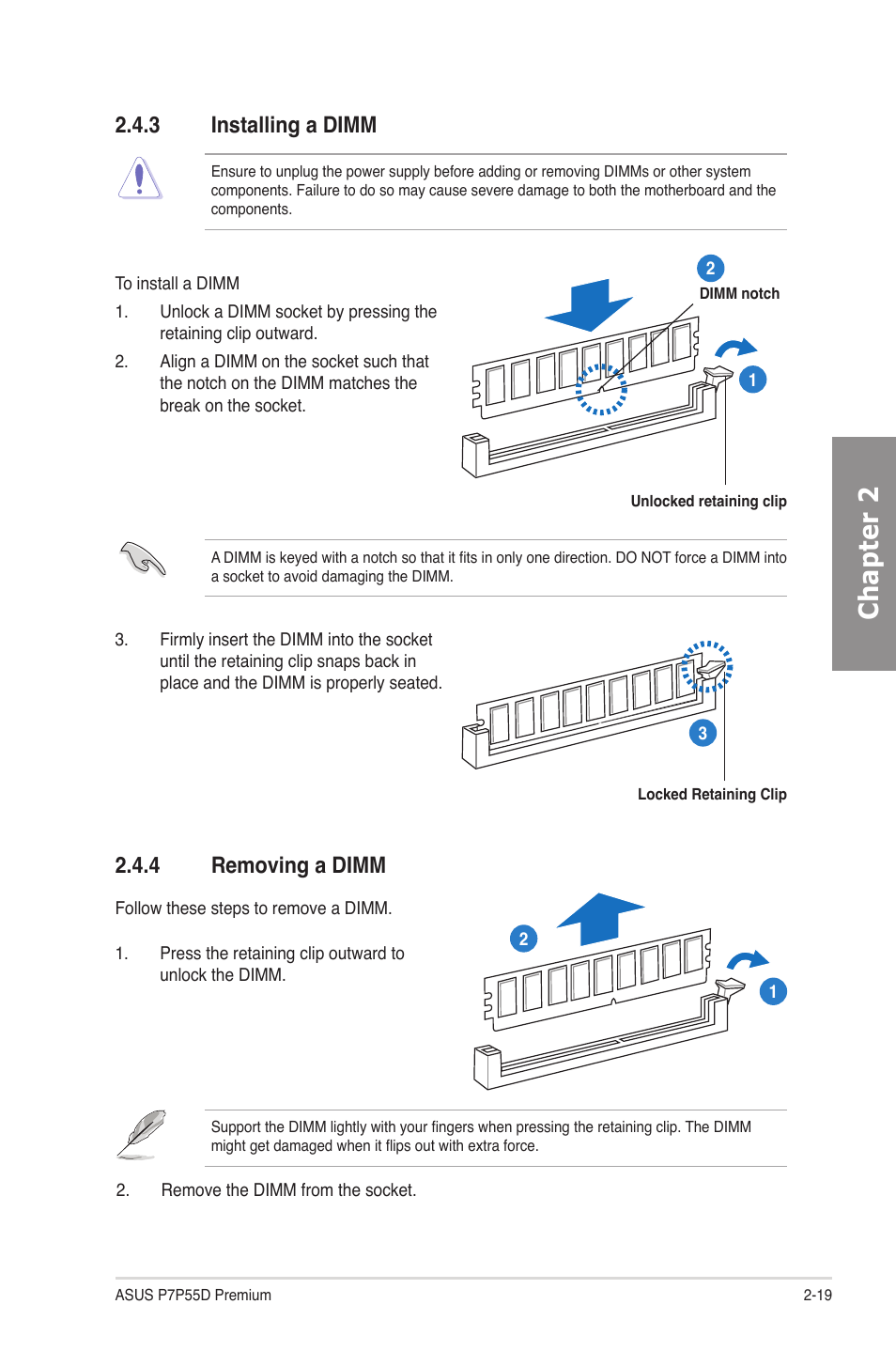 3 installing a dimm, 4 removing a dimm, Installing a dimm -19 | Removing a dimm -19, Chapter 2 | Asus P7P55D Premium User Manual | Page 39 / 128